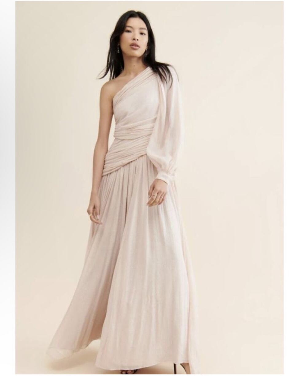 BHLDN Jade Metallic One-Shoulder Asymmetrical-Waist Gown Size 6